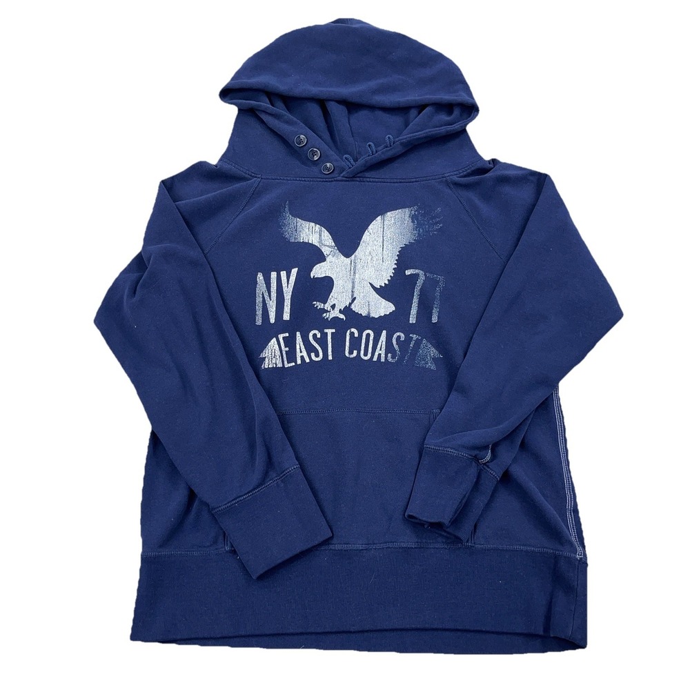 Vintage Y2K American Eagle Hoodie Women Large Blue Spellout Sweatshirt Faded AE